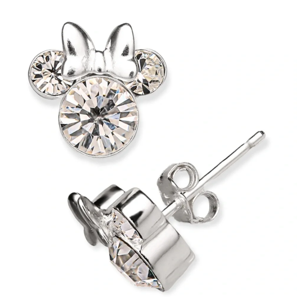 Disney Minnie Mouse Clear Crystal Sterling Silver Earrings & Trinket Dish